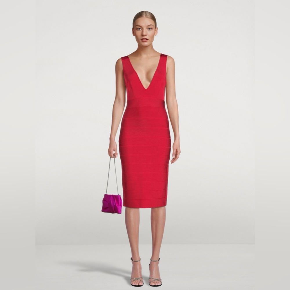 Custom-Made Magenta V-Neck Midi Sleeveless Bandage Dress – XS